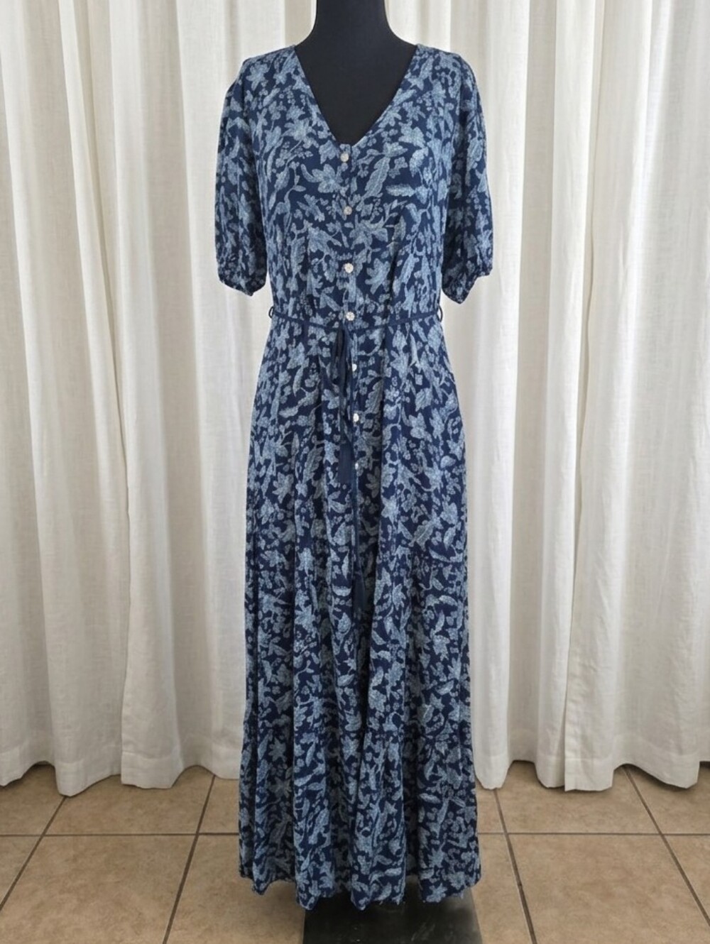 Faherty Navy and Light Blue Floral Button-Front Maxi Dress